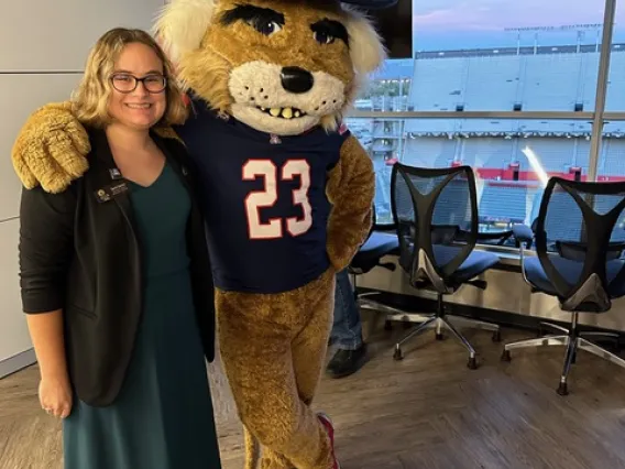 Sarah Stamer and Wilbur Wildcat at the on-campus Astronaut Scholarship Award Ceremony