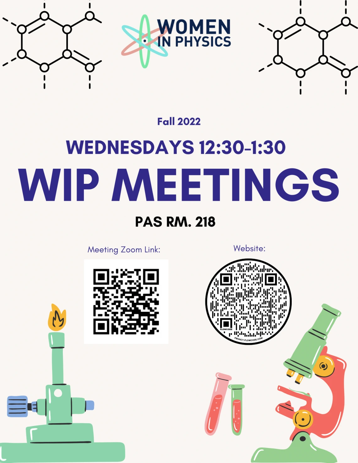 WIP Meetings banner stating "Wednesdays 12:30 - 1:30, PAS RM 218"