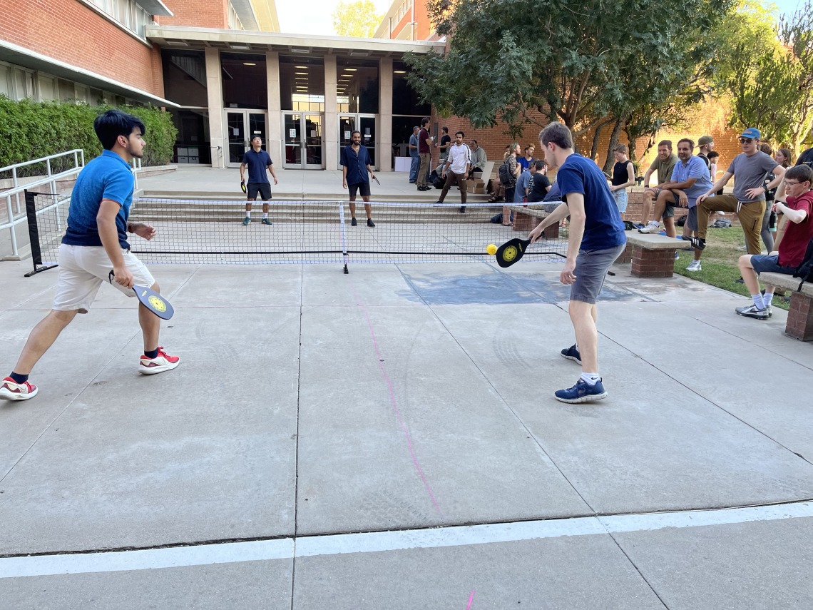 Playing Pickleball in front of the Physics Department