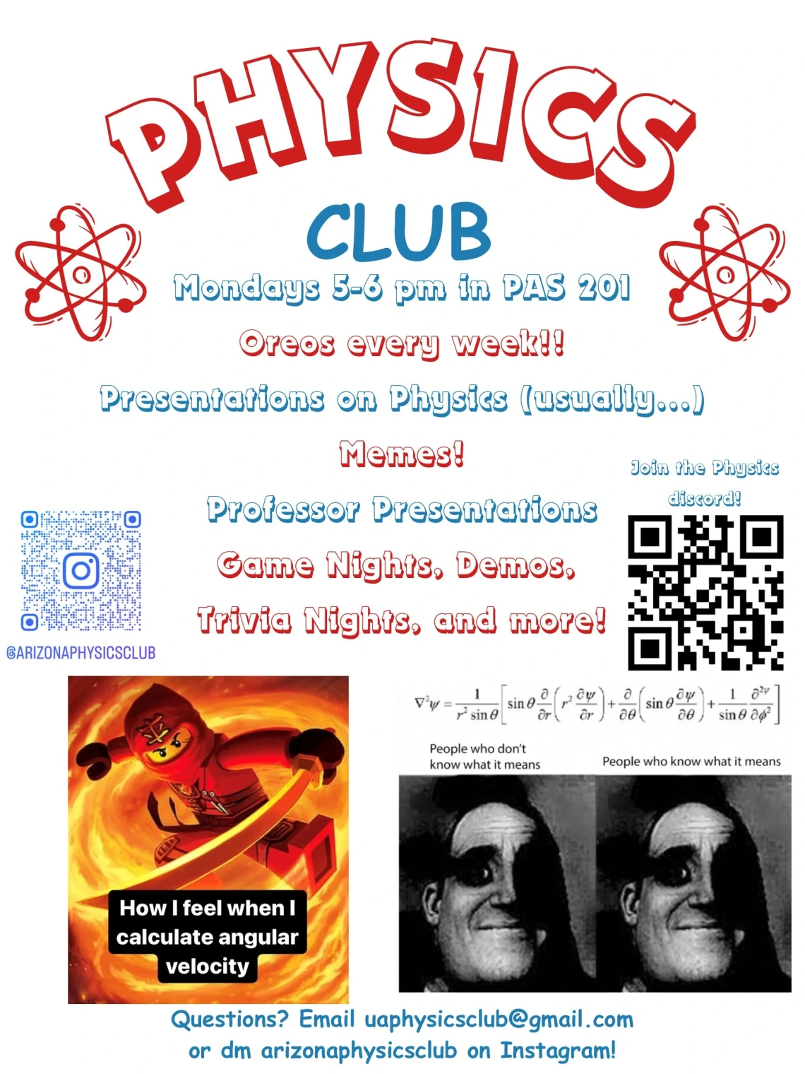 Flyer for the Physics Club weekly meetings with general information about where and when the event is.